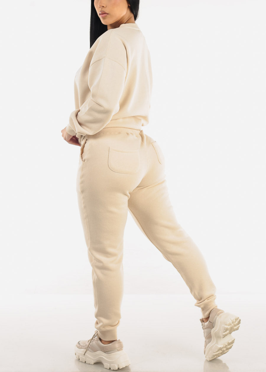 High Waist Fleece Jogger Pants Beige w Pockets