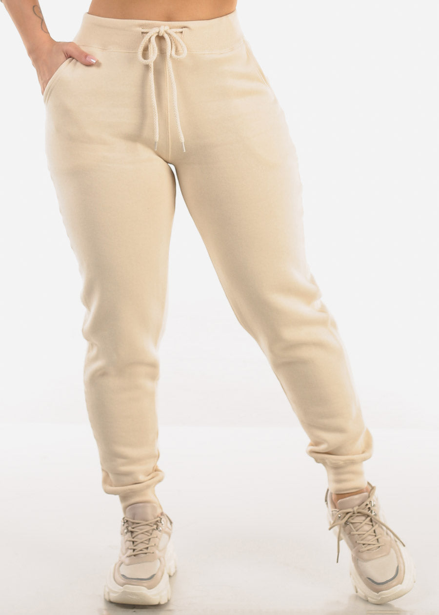 High Waist Fleece Jogger Pants Beige w Pockets