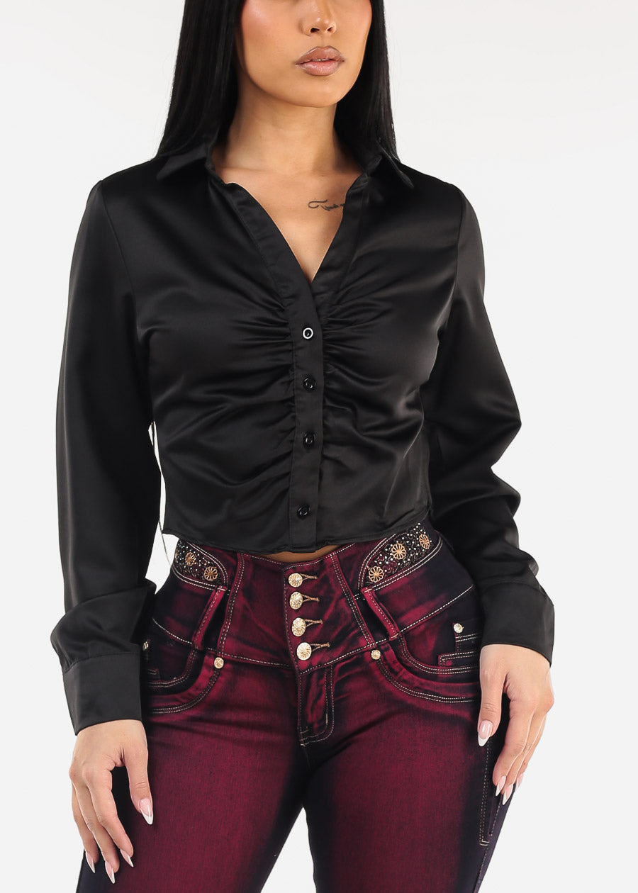 Ruched Long Sleeve Satin Cropped Blouse Black