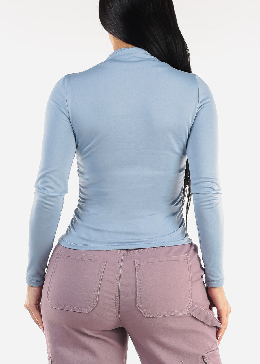 Long Sleeve Mock Neck Ruched Top Light Blue