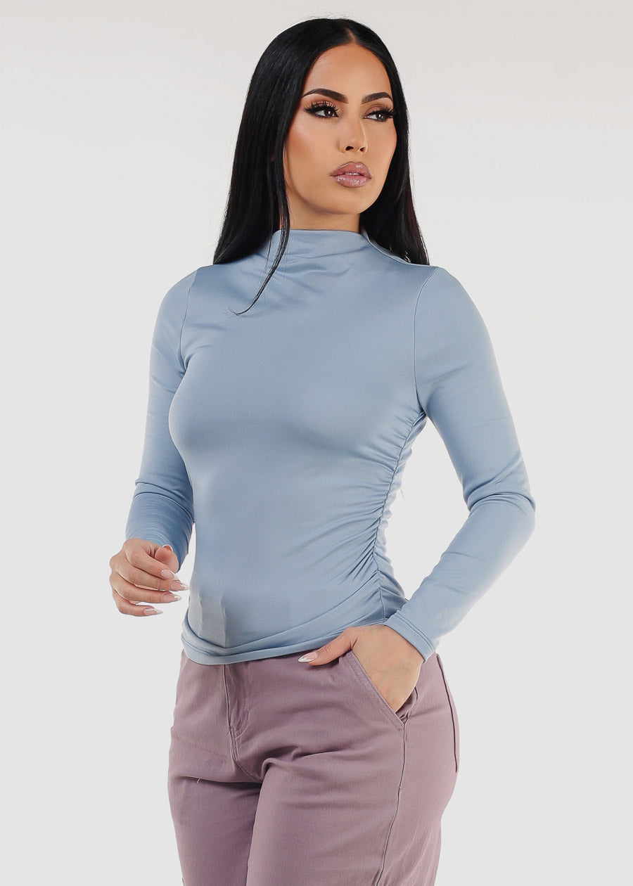 Long Sleeve Mock Neck Ruched Top Light Blue