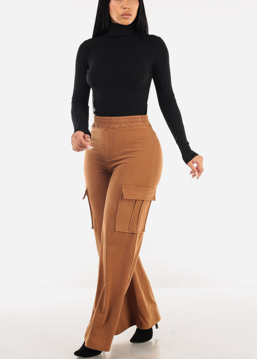 High Waist Flared Soft Cargo Pants Faded Camel