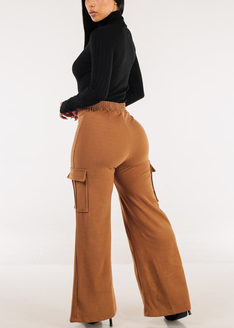 High Waist Flared Soft Cargo Pants Camel