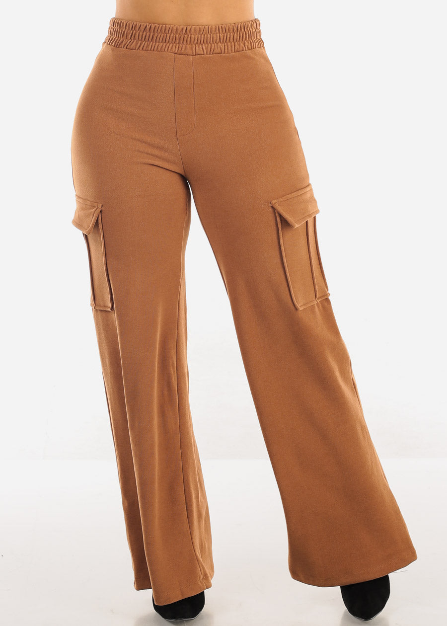 High Waist Flared Soft Cargo Pants Faded Camel