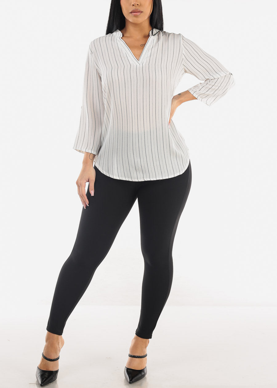 White Quarter Sleeve V-Neck Stripe Blouse