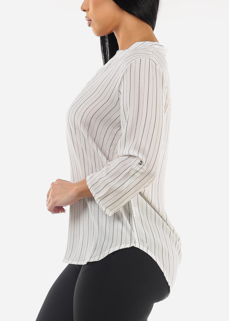 White Quarter Sleeve V-Neck Stripe Blouse