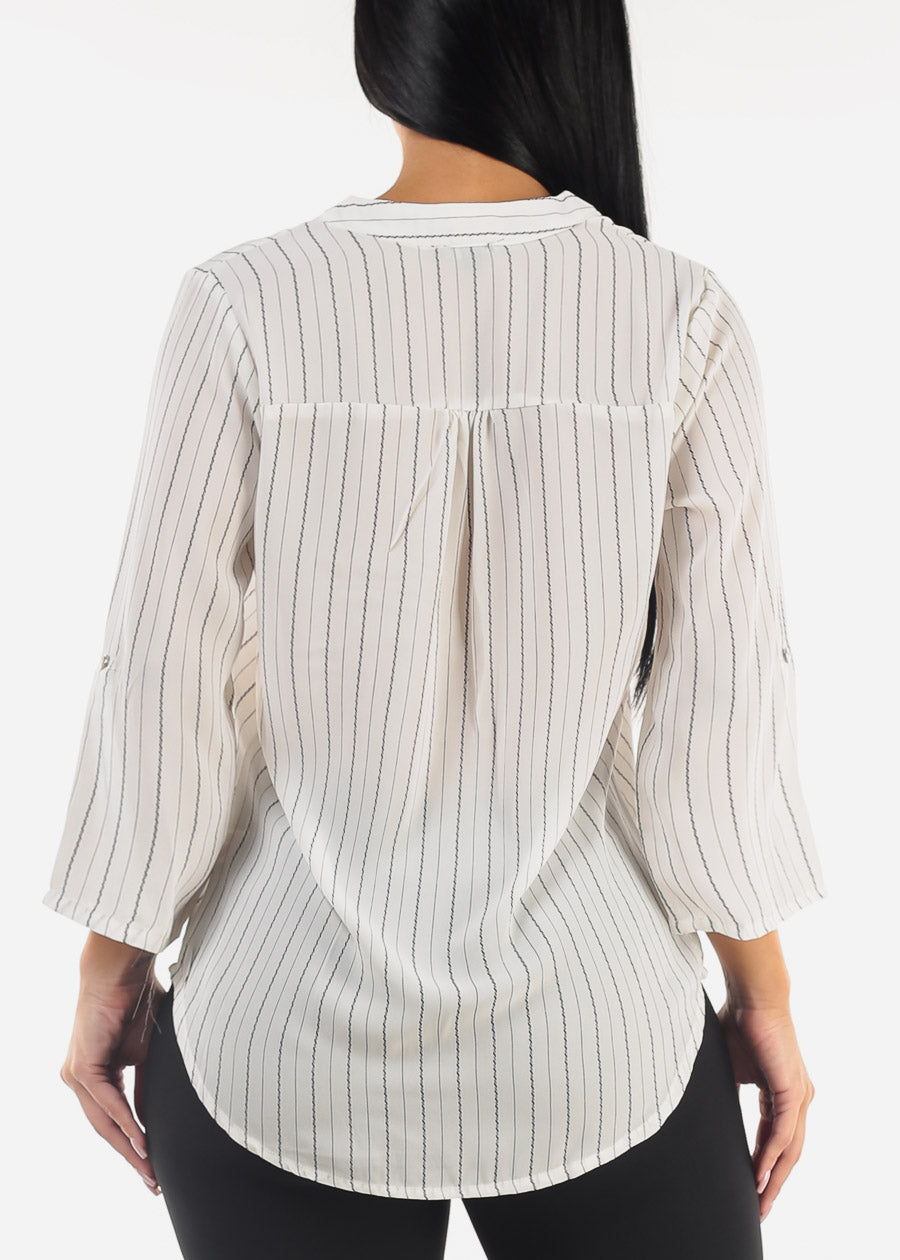 White Quarter Sleeve V-Neck Stripe Blouse