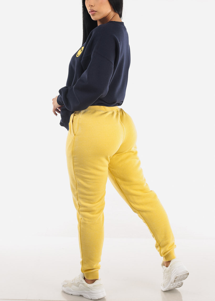 High Waist Fleece Burnout Relax Fit Jogger Pants Yellow