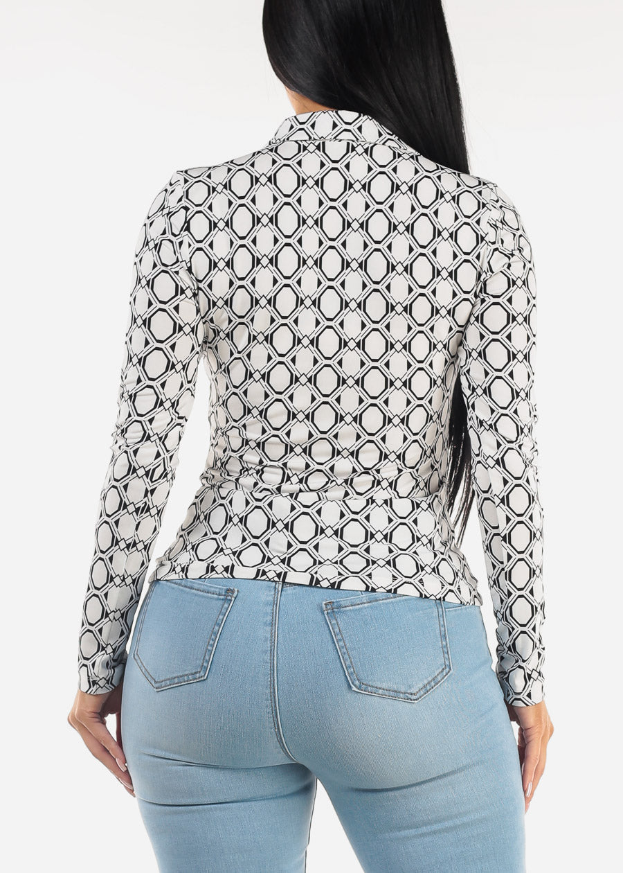 Long Sleeve Ruched Button Up Printed Blouse White