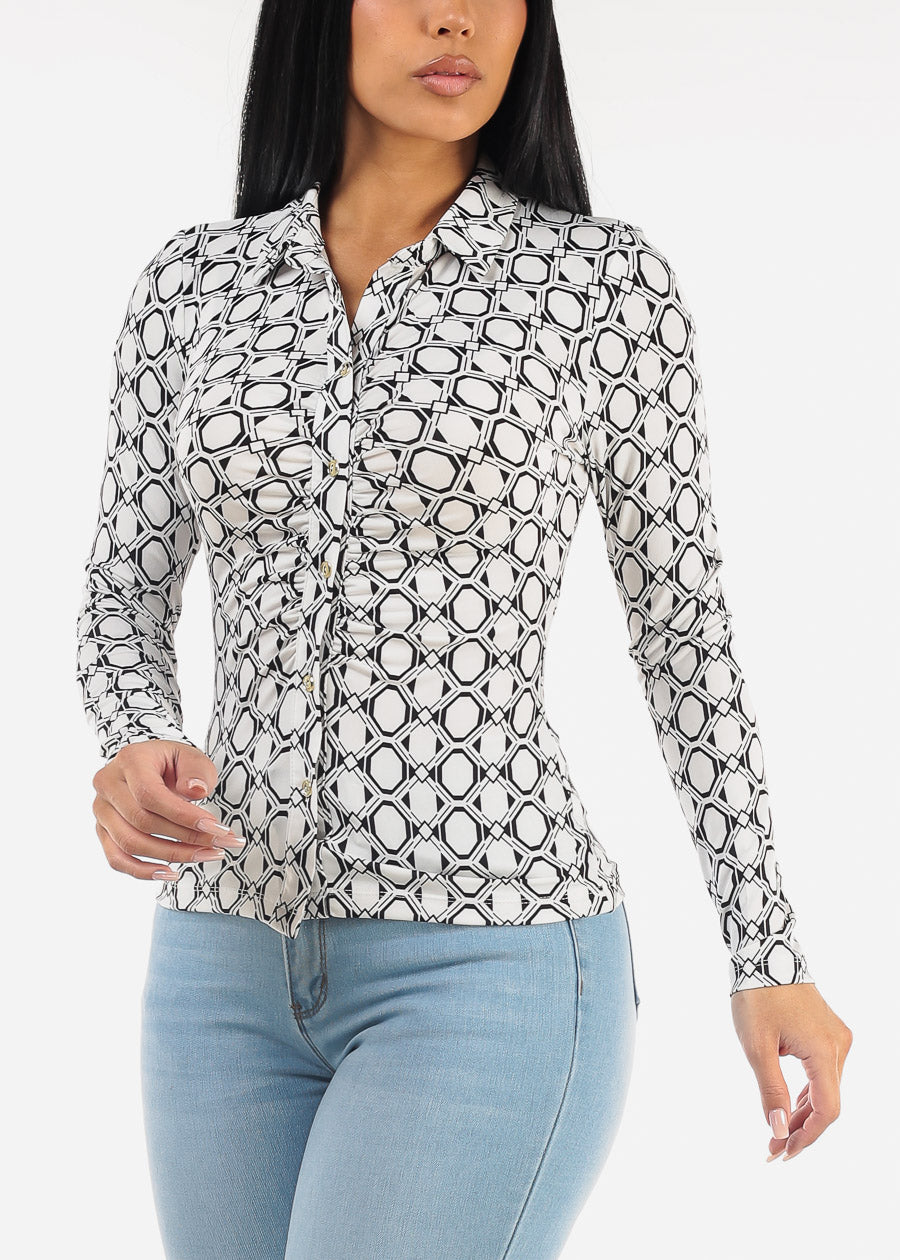 Long Sleeve Ruched Button Up Printed Blouse White