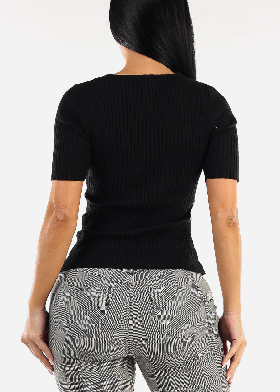 Black Short Sleeve V-Neck Rib Knit Sweater Top