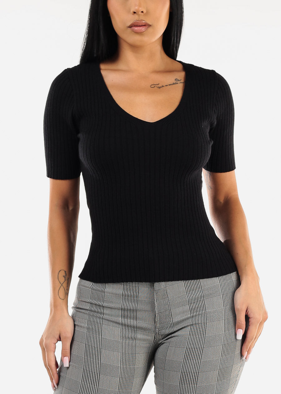 Black Short Sleeve V-Neck Rib Knit Sweater Top