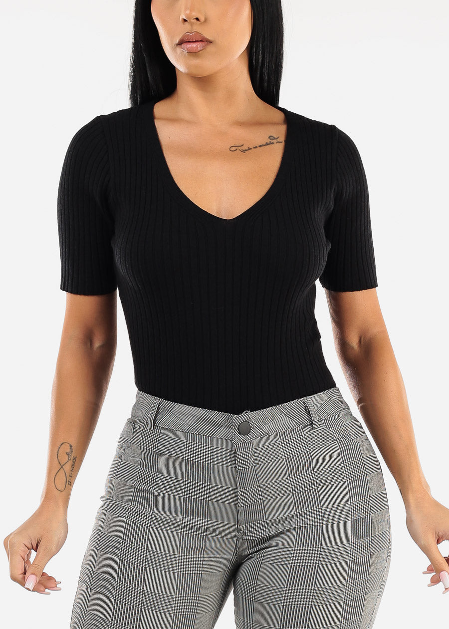 Black Short Sleeve V-Neck Rib Knit Sweater Top 