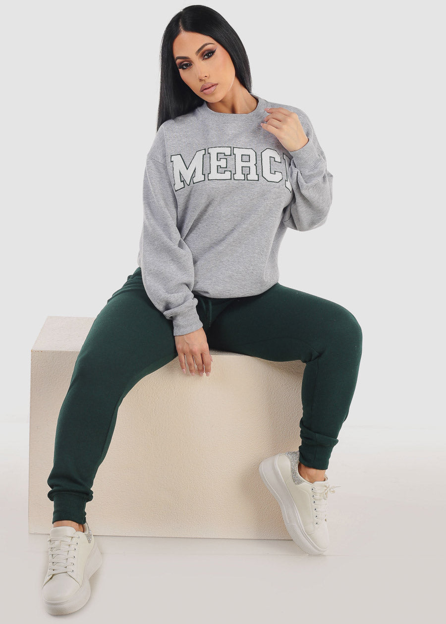 Relaxed Fit Fleece Sweatshirt Heather Grey "Merci"