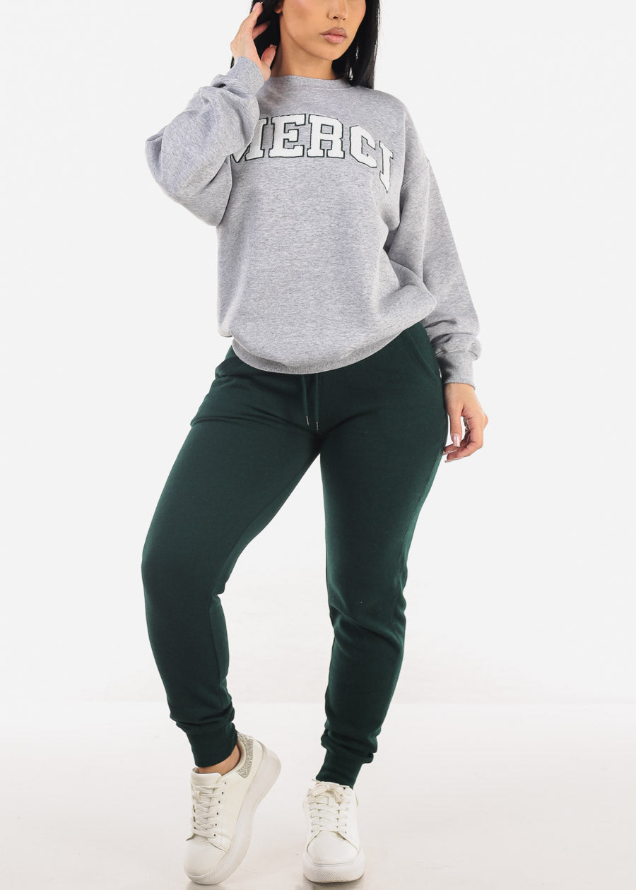 Relaxed Fit Fleece Sweatshirt Heather Grey "Merci"