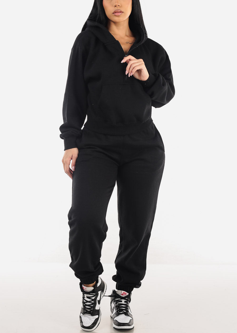 High Waisted Black Fleece Jogger Pants