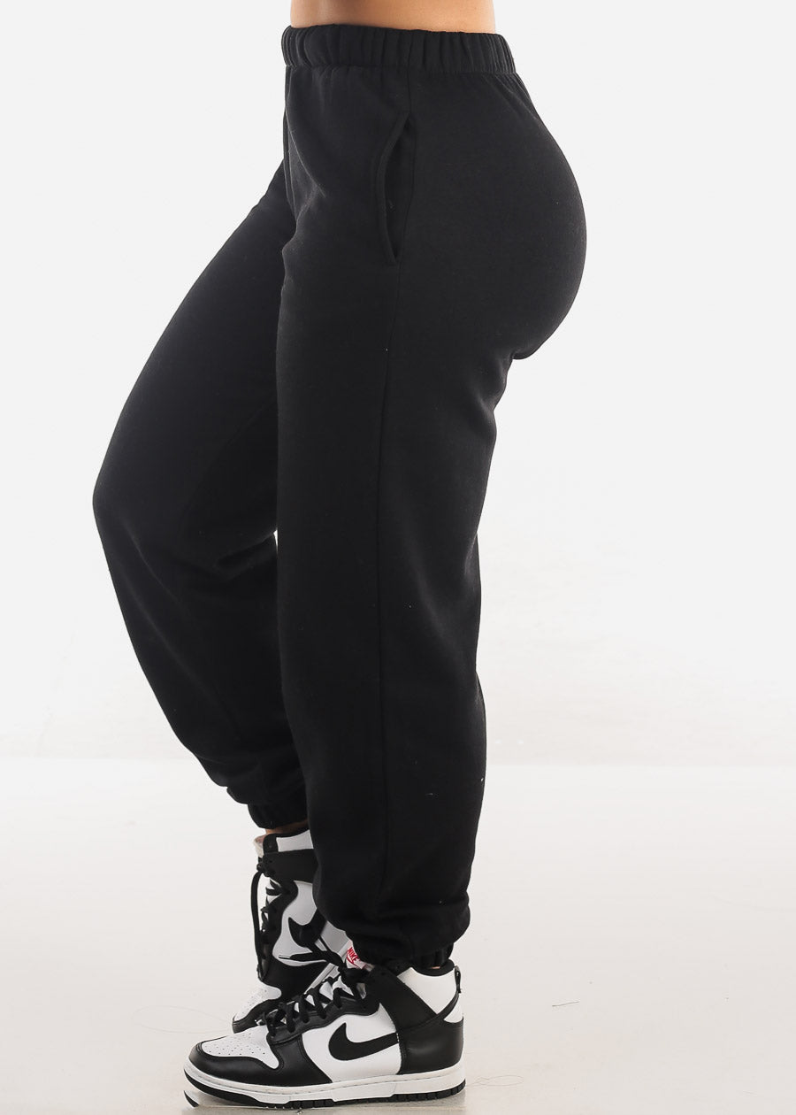 High Waisted Black Fleece Jogger Pants