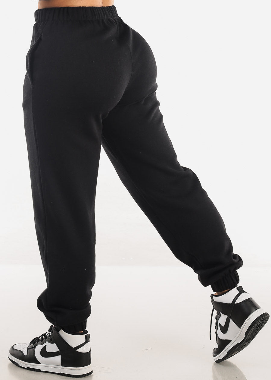 High Waisted Black Fleece Jogger Pants