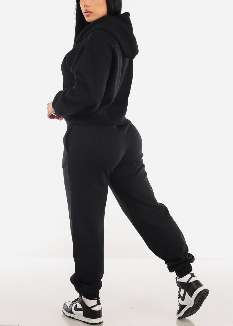 High Waisted Black Fleece Jogger Pants