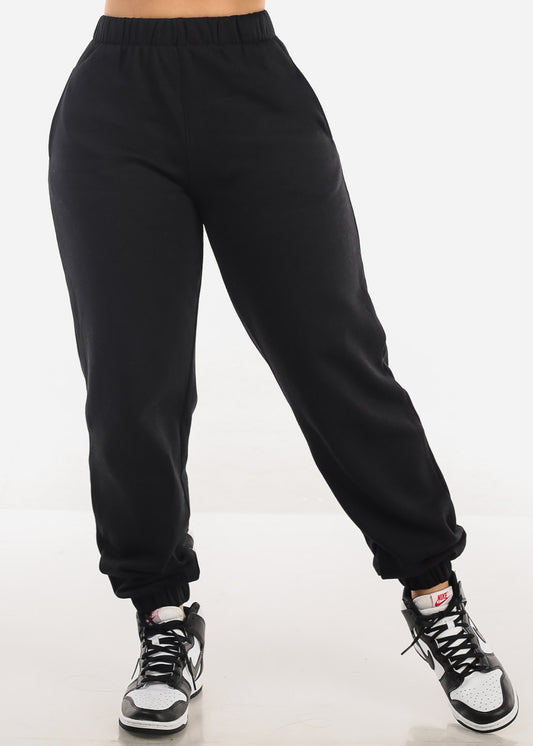 High Waisted Black Fleece Jogger Pants