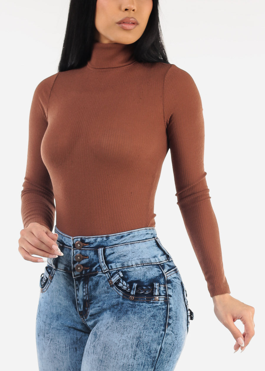 Turtleneck Long Sleeve Sweater Bodysuit Brown