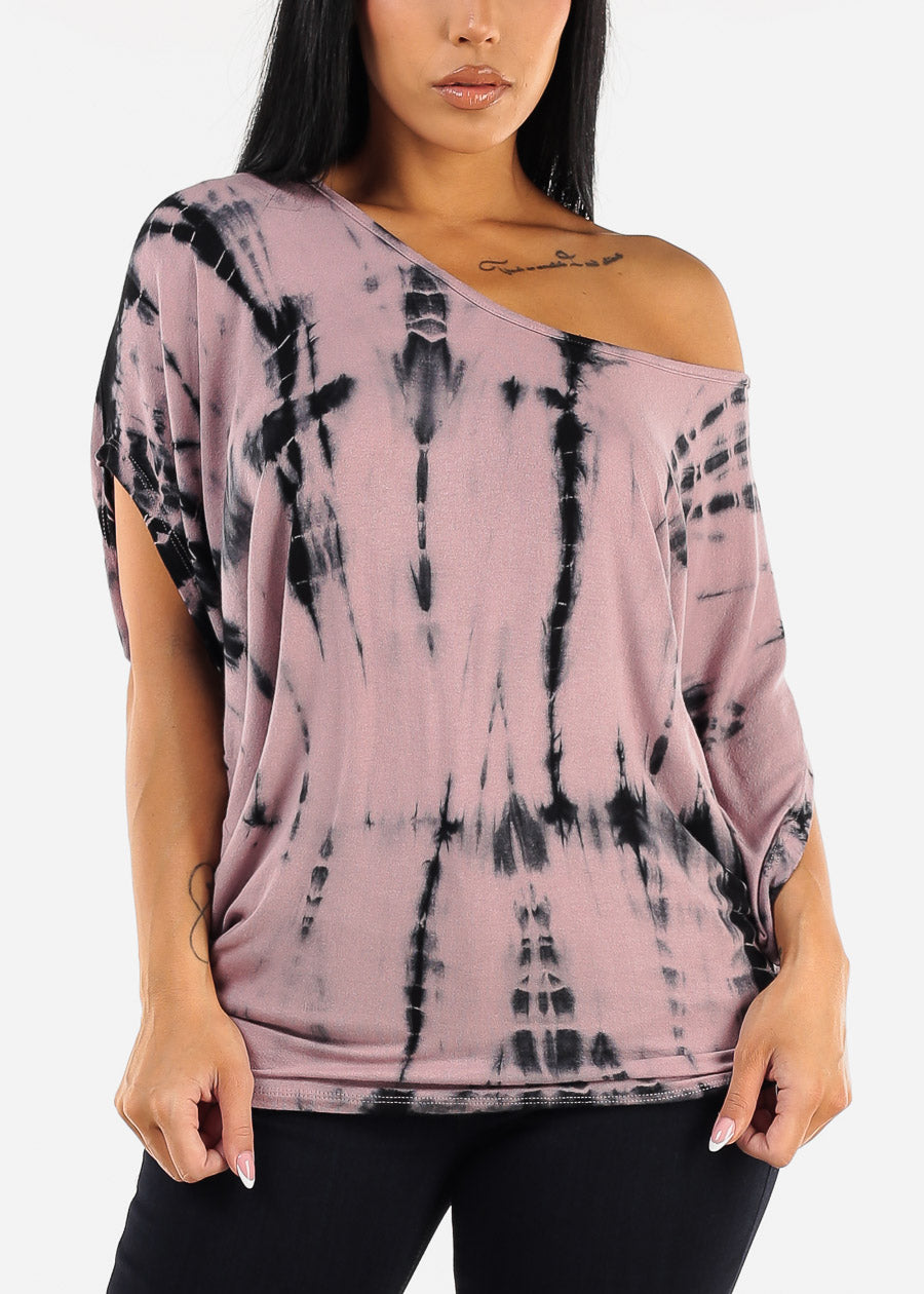 Boat Neckline Tie Dye Tunic Top Berry