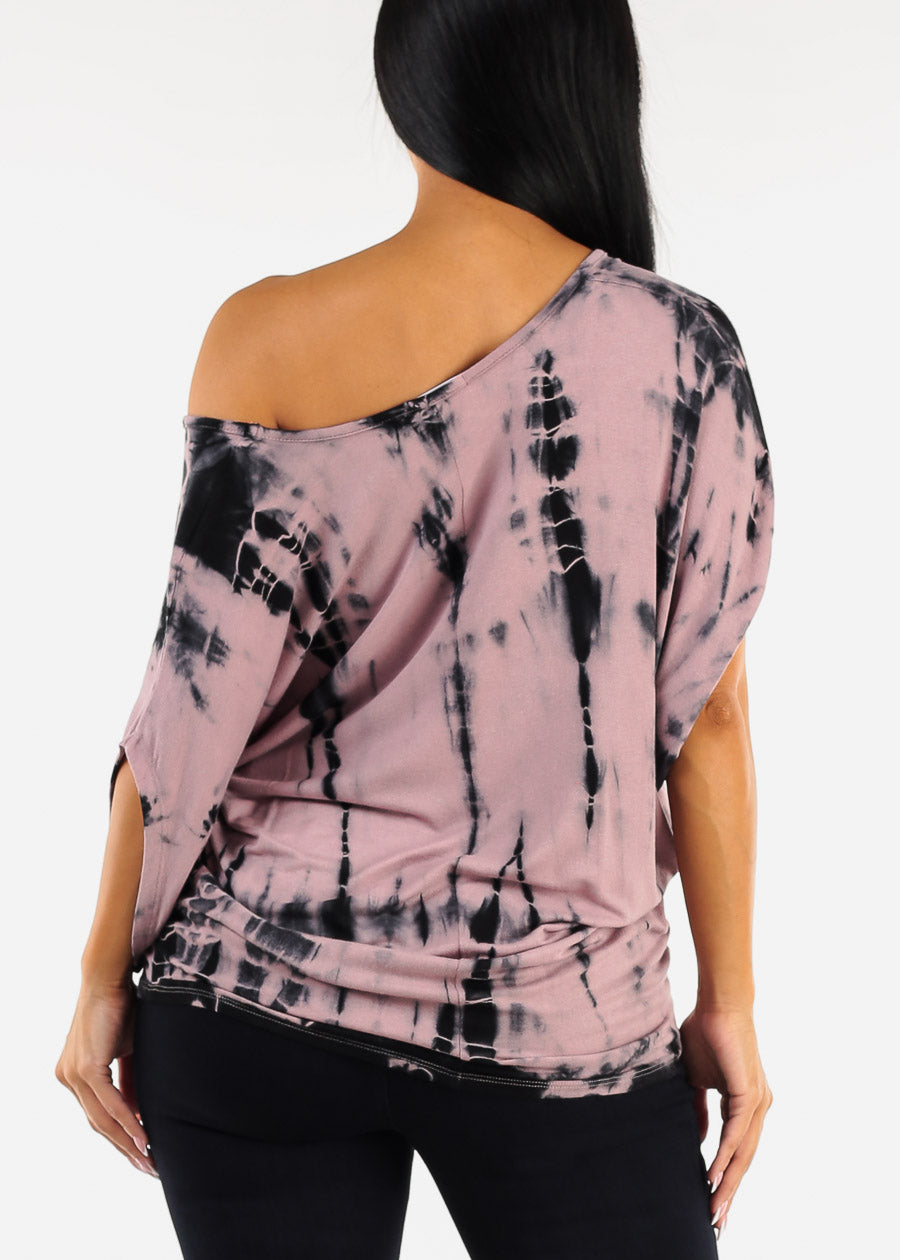 Boat Neckline Tie Dye Tunic Top Berry