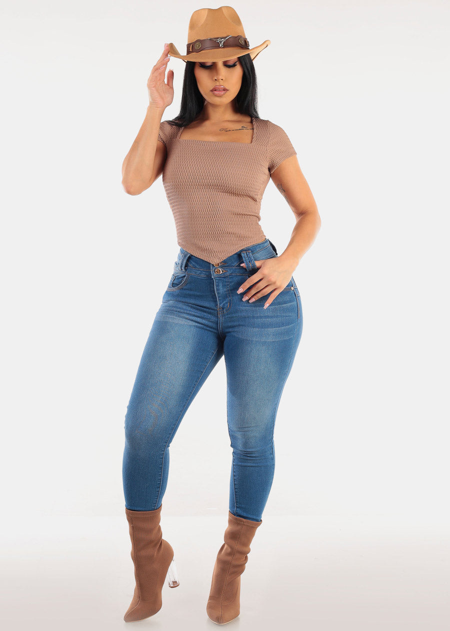 Short Sleeve Square Neck Textured Crop Top Mocha