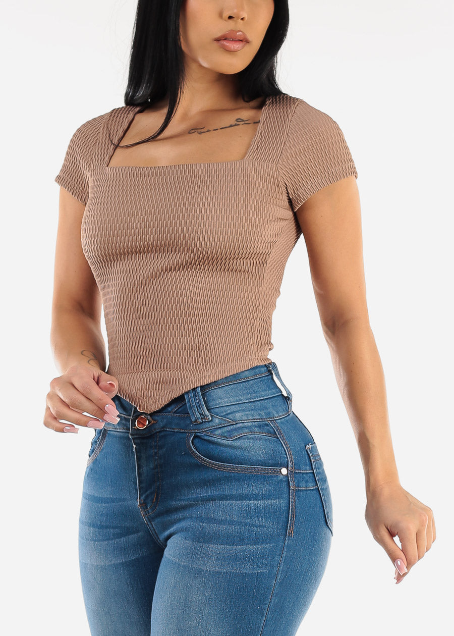 Short Sleeve Square Neck Textured Crop Top Mocha