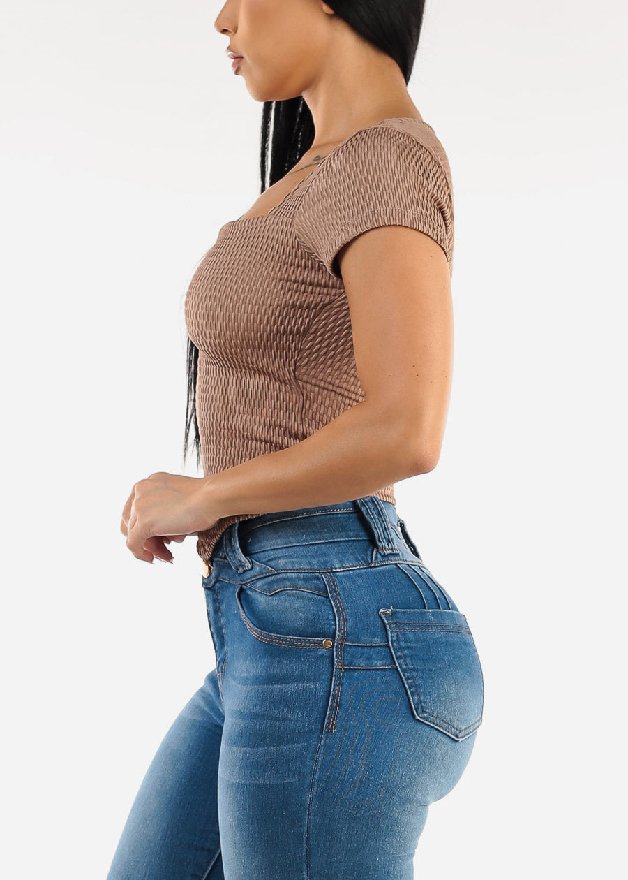 Short Sleeve Square Neck Textured Crop Top Mocha