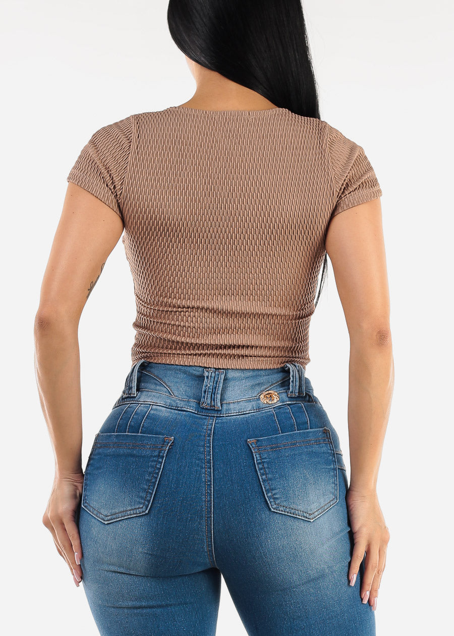 Short Sleeve Square Neck Textured Crop Top Mocha