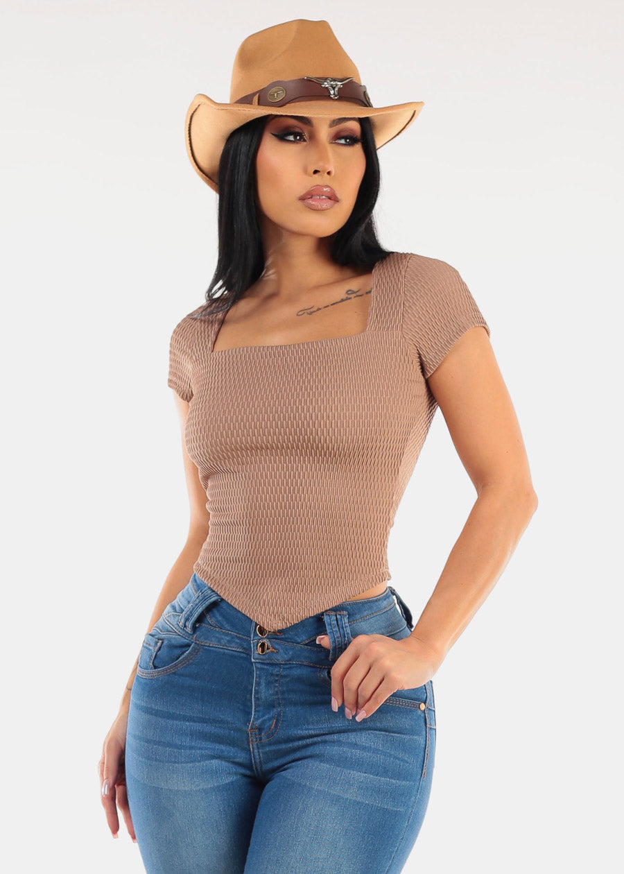 Short Sleeve Square Neck Textured Crop Top Mocha