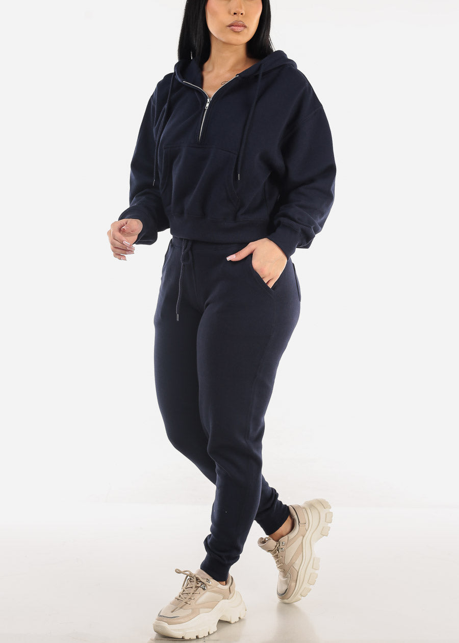 Half Zip Up Fleece Pullover Hoodie Navy