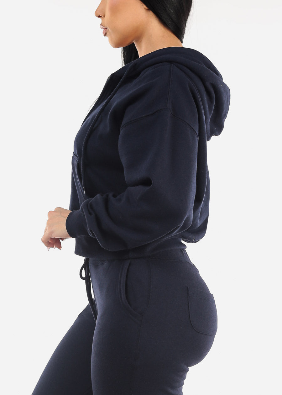 Half Zip Up Fleece Pullover Hoodie Navy