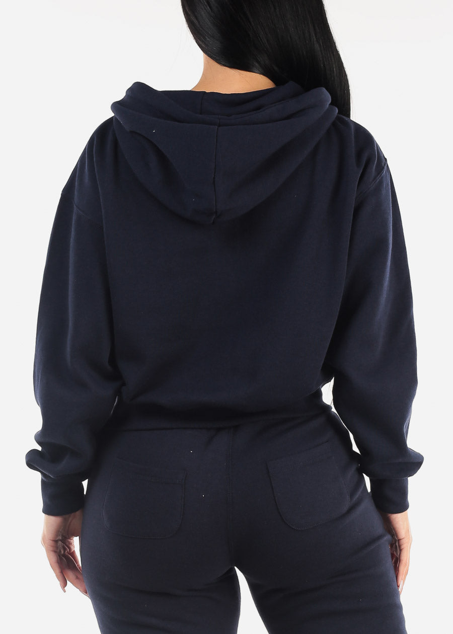 Half Zip Up Fleece Pullover Hoodie Navy