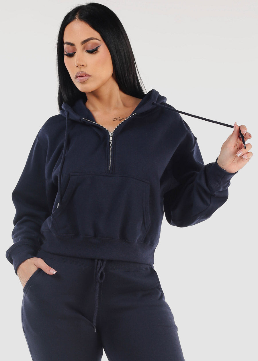 Half Zip Up Fleece Pullover Hoodie Navy