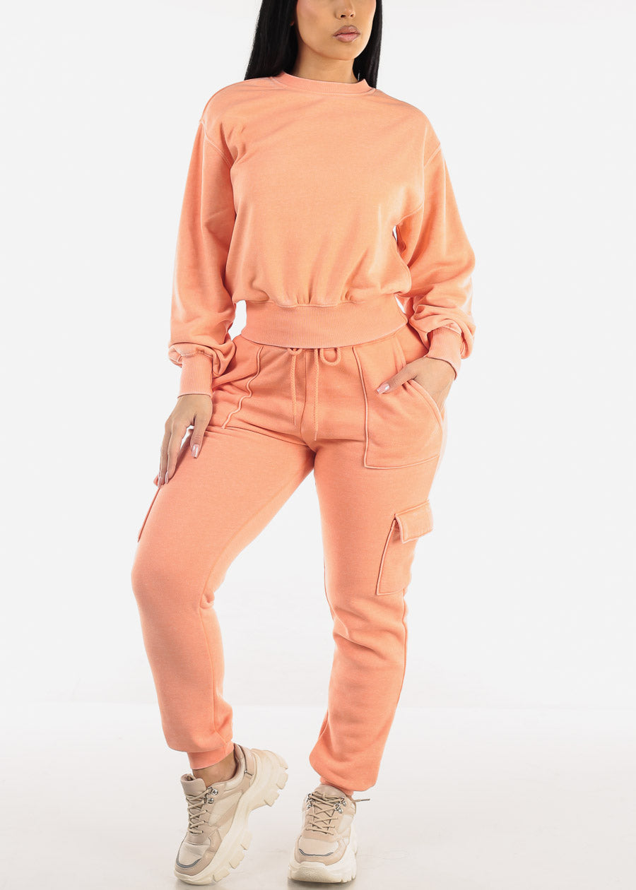 High Drawstring Waist Fleece Cargo Jogger Pants Orange