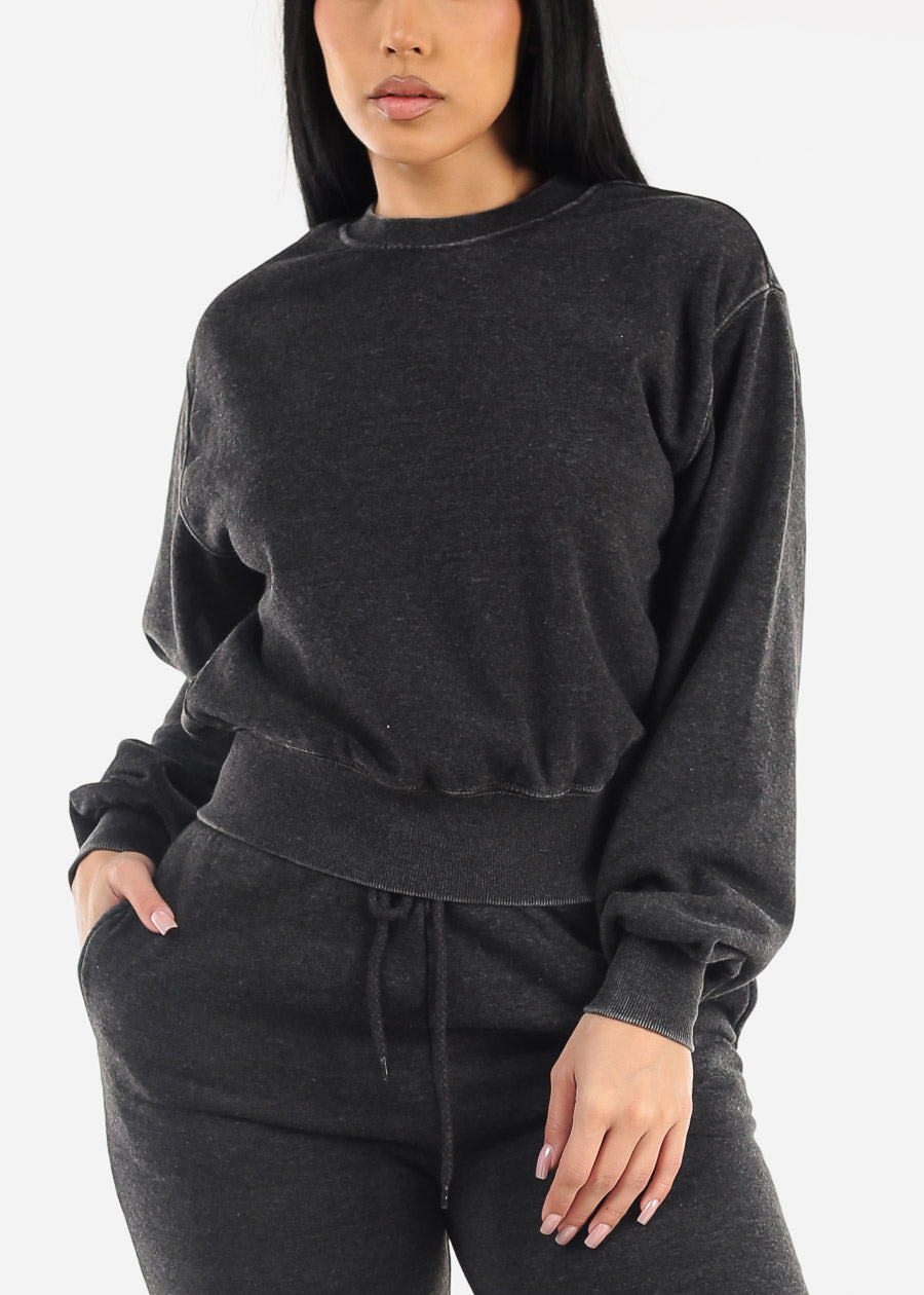 Long Sleeve Crewneck Fleece Sweatshirt Charcoal