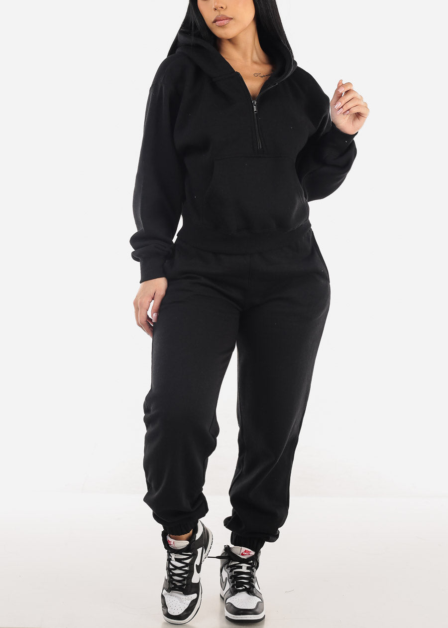 Half Zip Up Black Fleece Pullover Hoodie