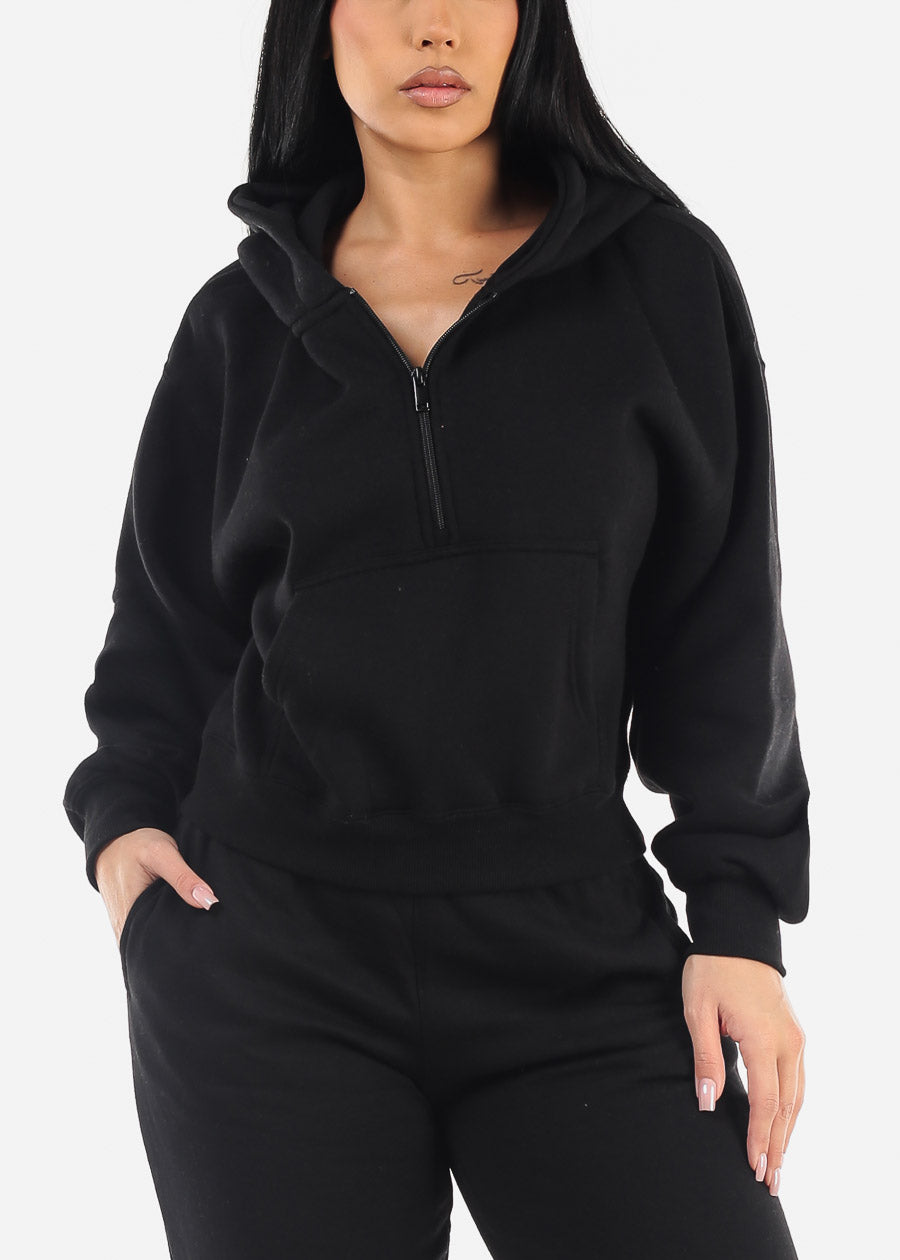 Half Zip Up Black Fleece Pullover Hoodie