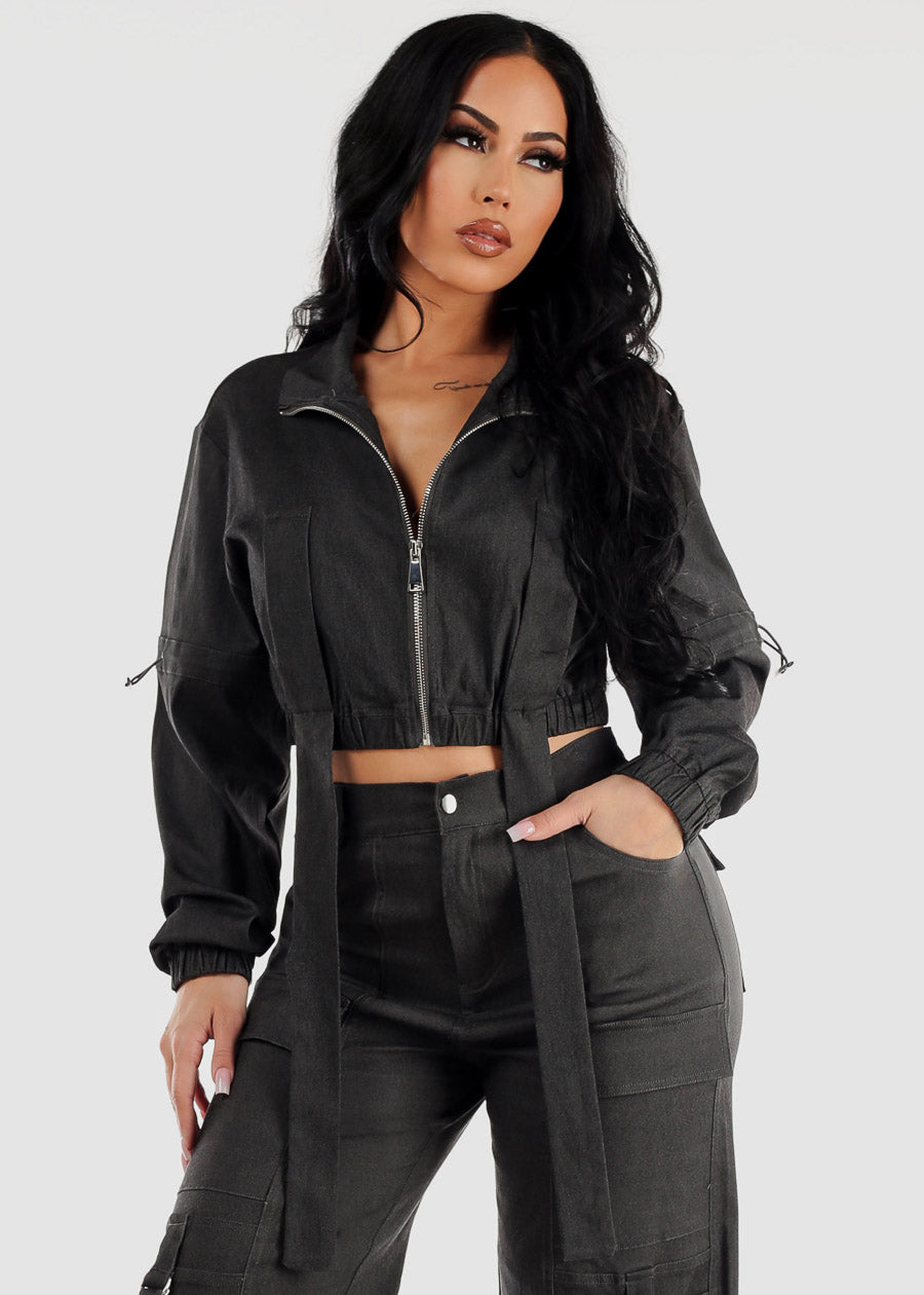 Black Long Sleeve Zip Up Crop Cargo Jacket