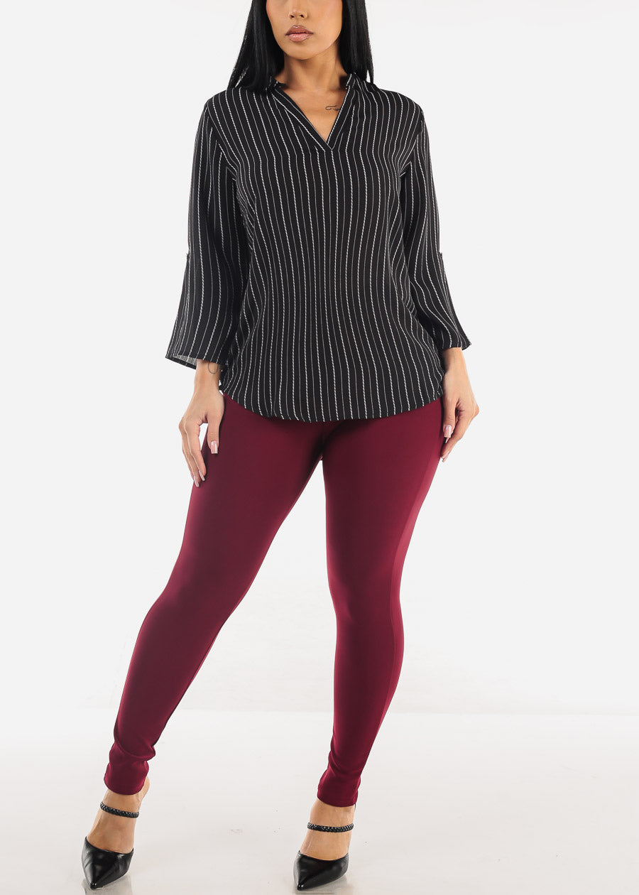 Black Quarter Sleeve V-Neck Stripe Blouse