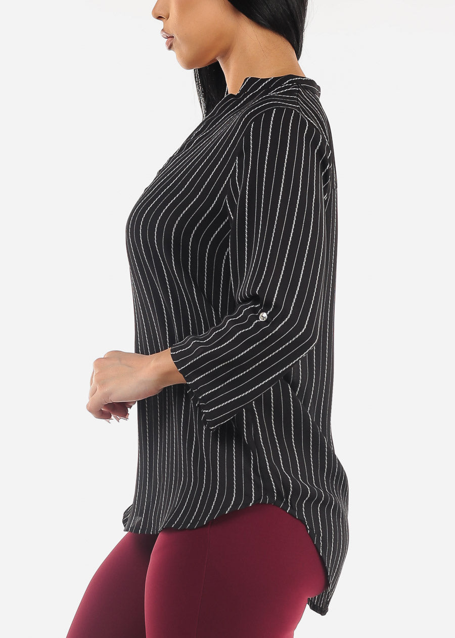 Black Quarter Sleeve V-Neck Stripe Blouse