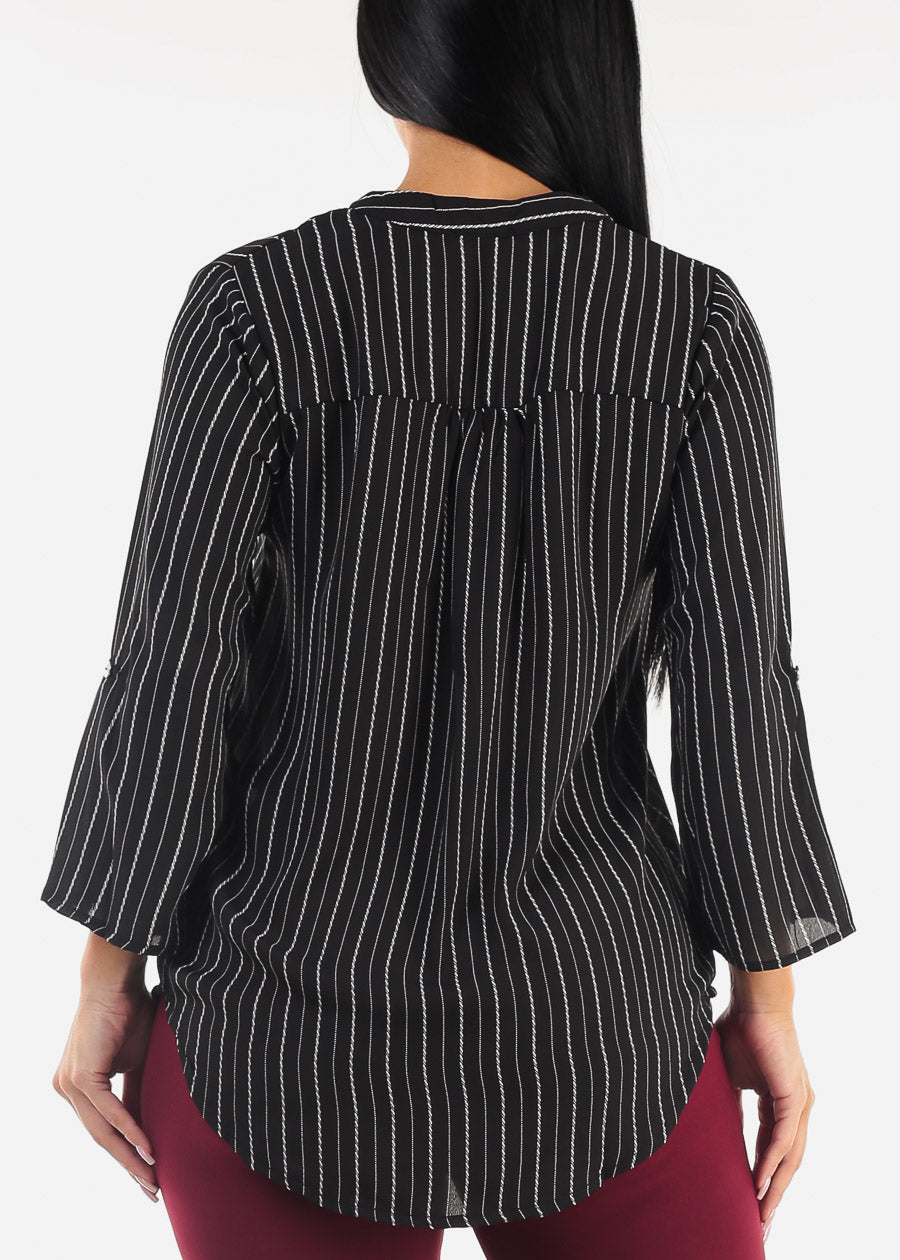 Black Quarter Sleeve V-Neck Stripe Blouse