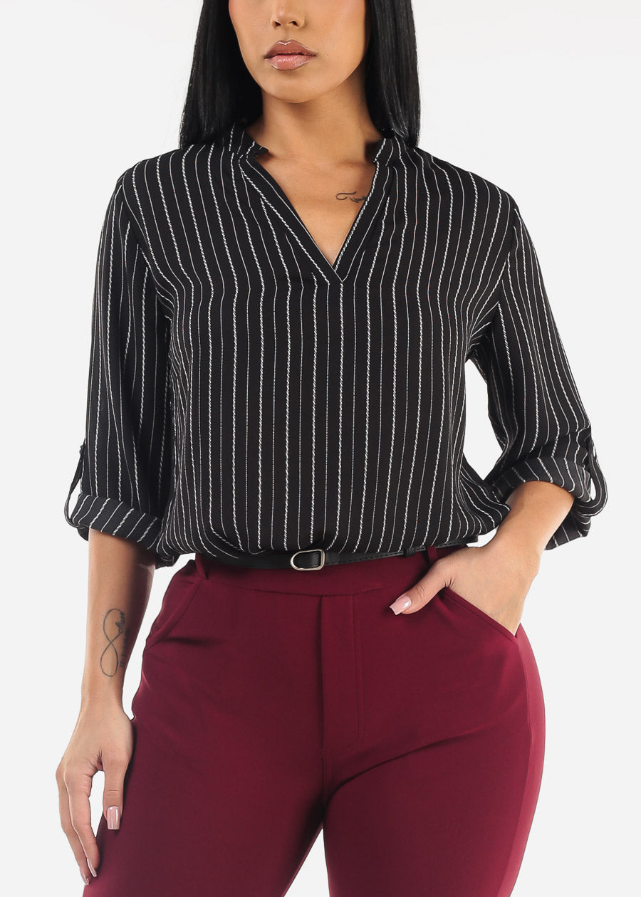 Black Quarter Sleeve V-Neck Stripe Blouse