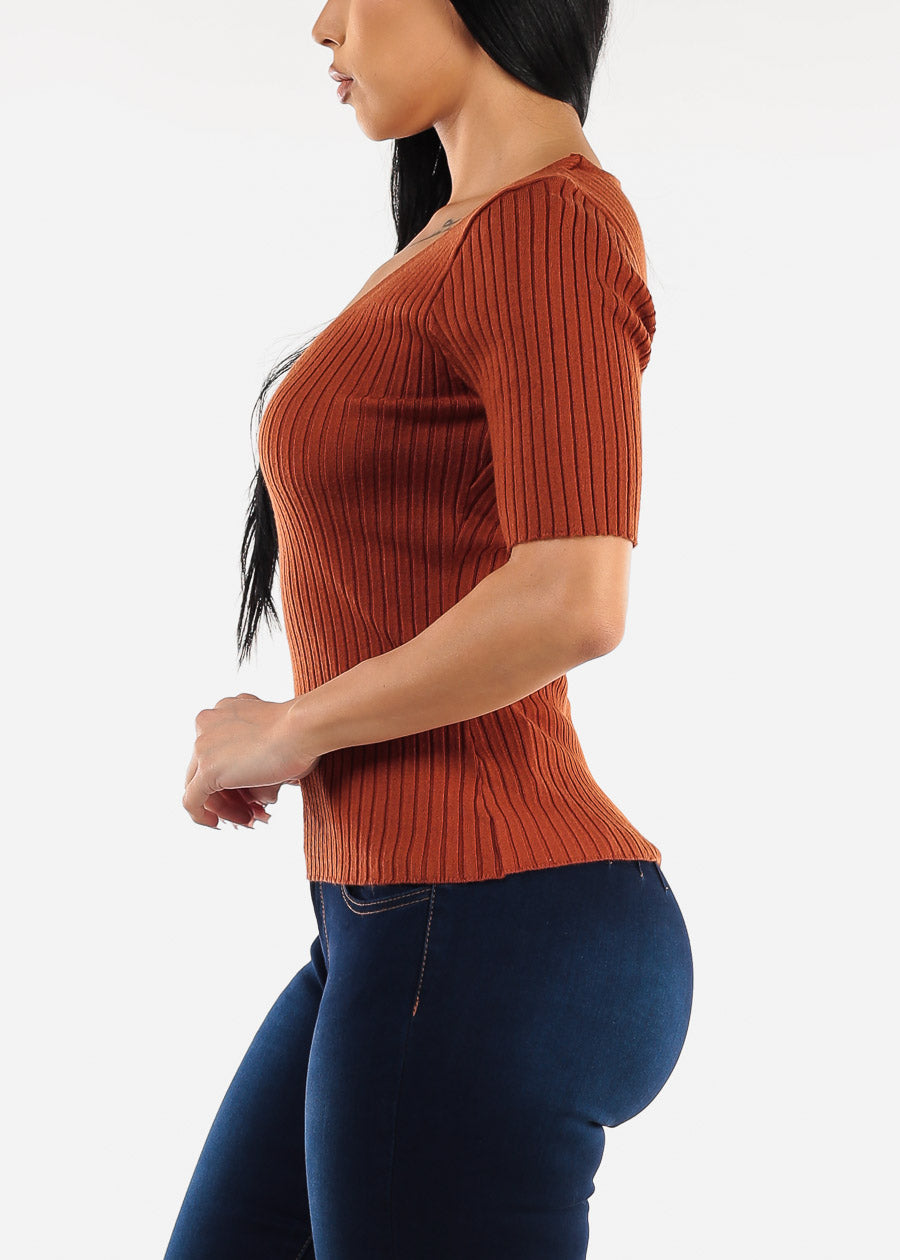 Short Sleeve V-Neck Rib Knit Sweater Top Rust