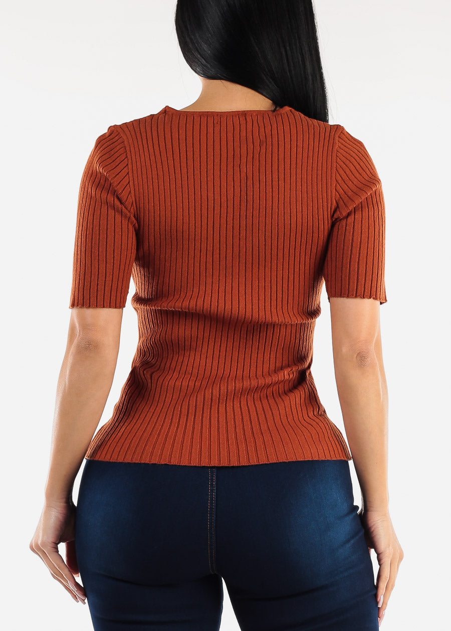 Short Sleeve V-Neck Rib Knit Sweater Top Rust