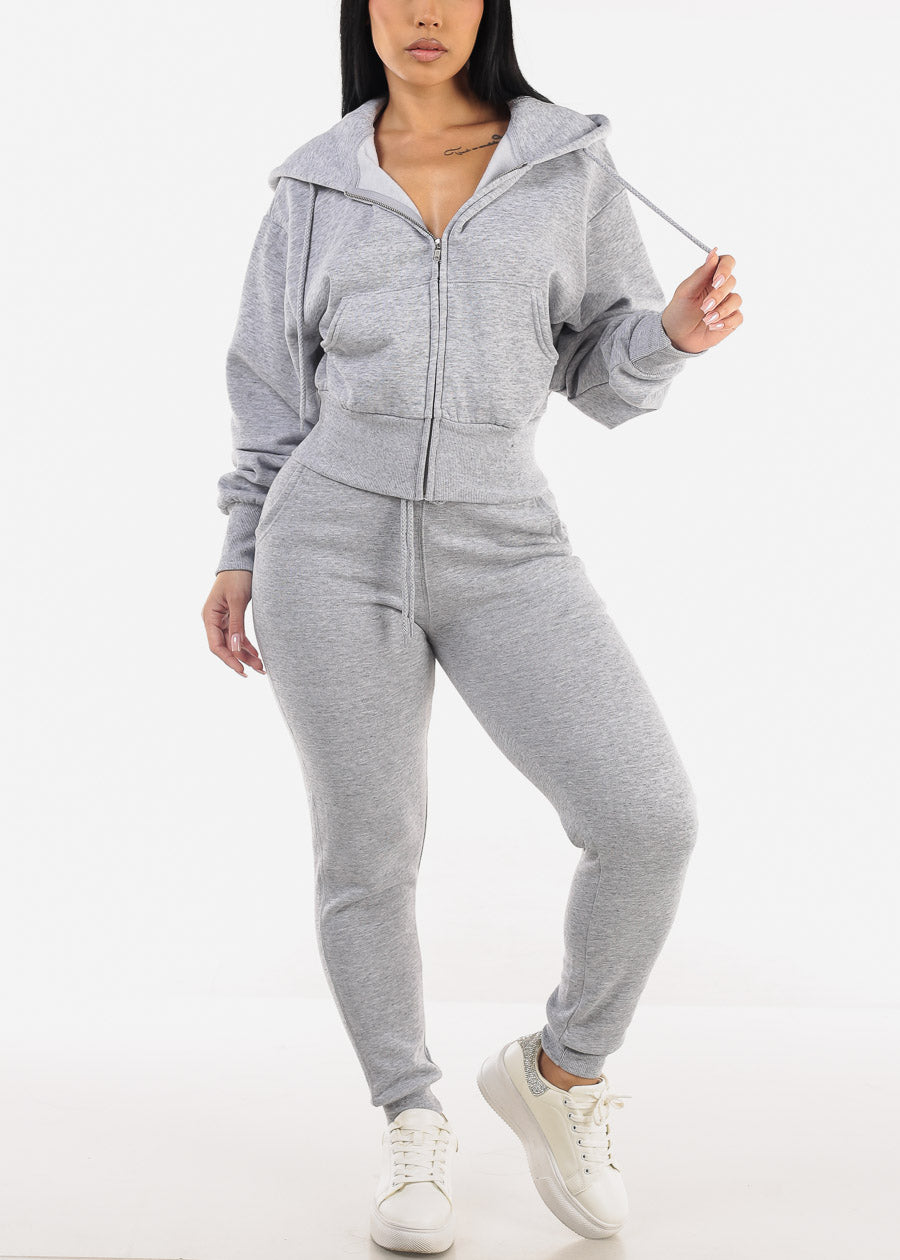 High Waist Fleece Jogger Pants Heather Grey w Pockets