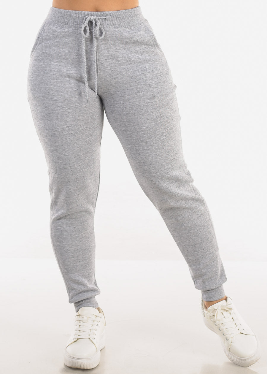 High Waist Fleece Jogger Pants Heather Grey w Pockets