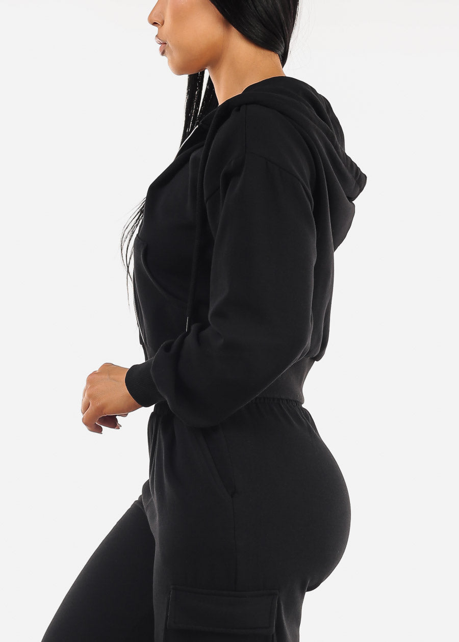 Zip Up Cropped Fleece Hoody Black